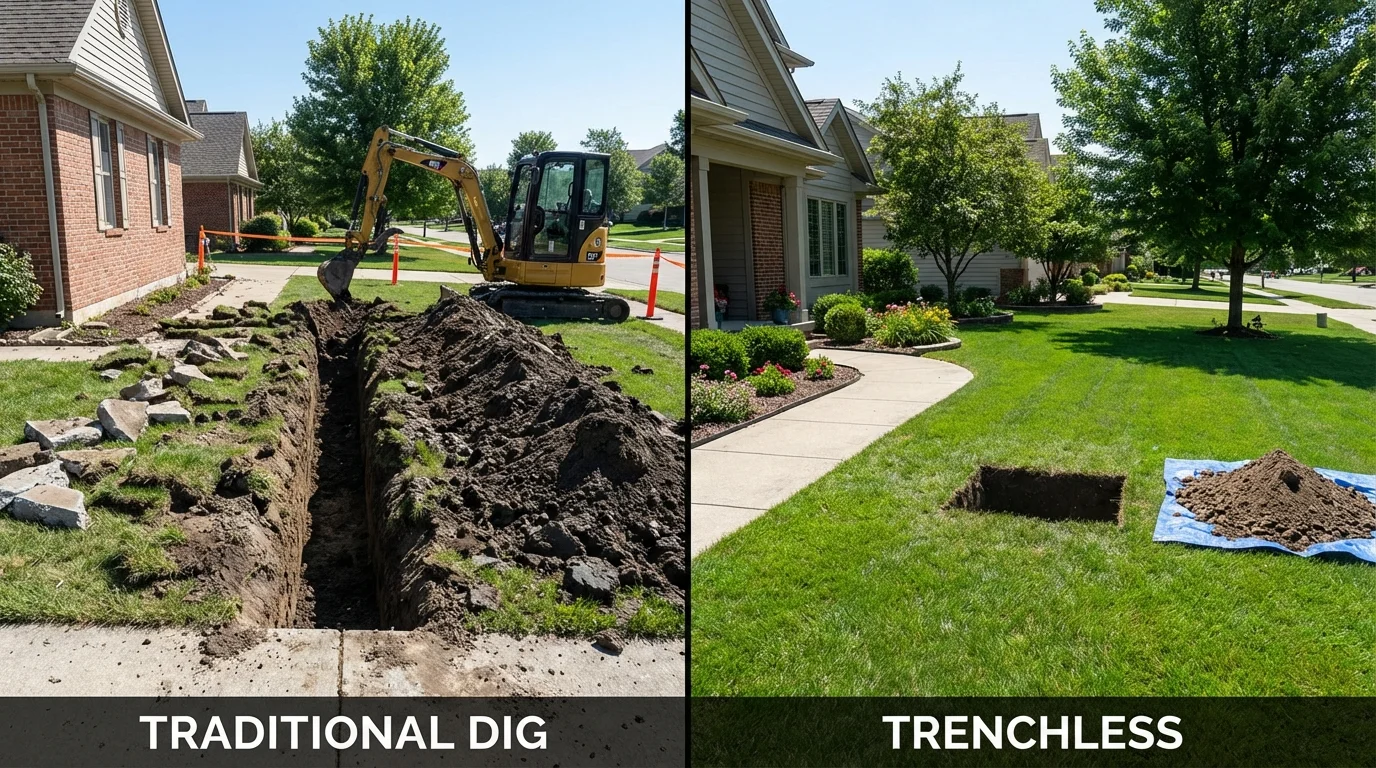 Trenchless sewer repair with minimal yard damage versus traditional excavation in Minster, OH