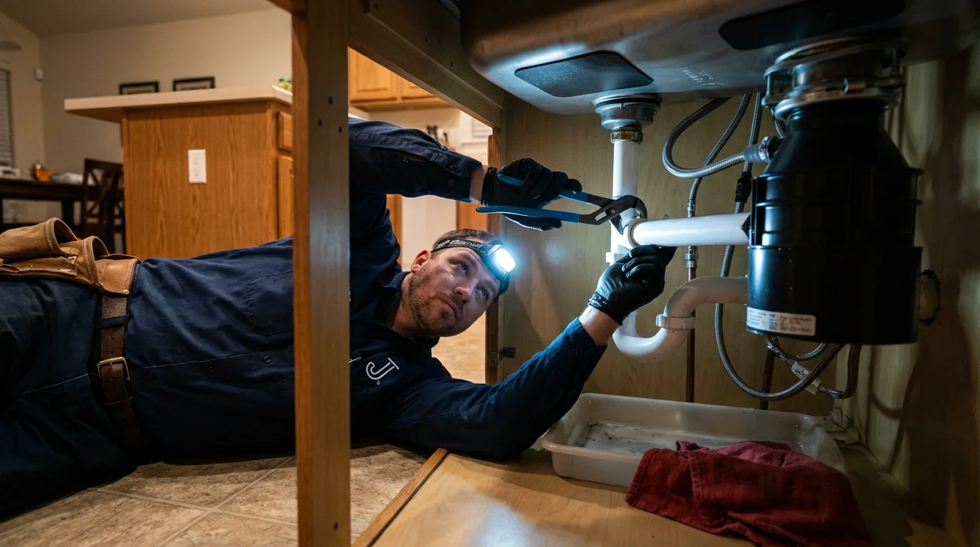 P-trap and supply line connections under a kitchen sink showing a common leak point in Minster, OH